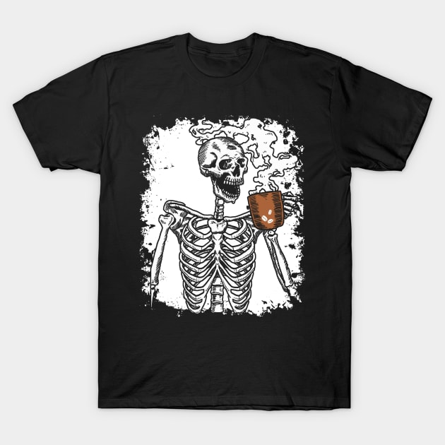 Halloween Shirt Coffee Drinking Skeleton Skull T-Shirt by Pelman